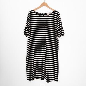 JCrew black and white stripe cotton dress with ruffle sleeve